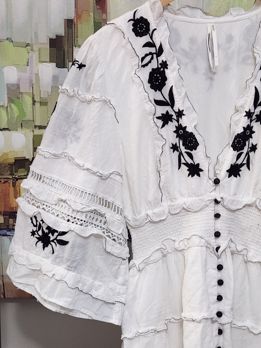 Anthropologie Mini Dress Embroidered Ruffled Vacay Preppy Boho - Picture 7 of 9